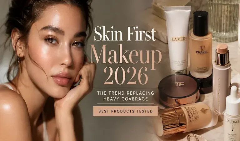 Skin first makeup trend with glowing natural skin and luxury beauty products.