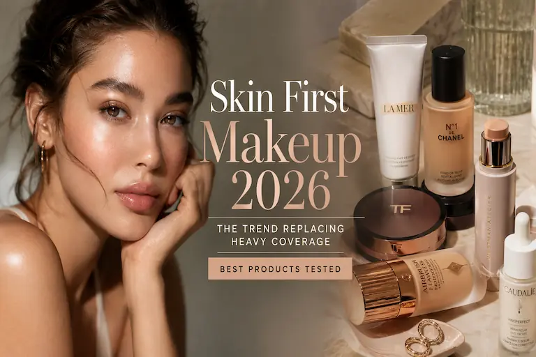 Skin first makeup trend with glowing natural skin and luxury beauty products.